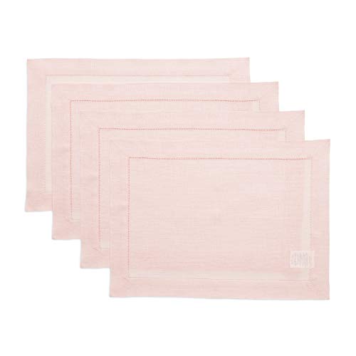Solino Home 100% Pure Linen Placemats Pink Hemstitch, 14 x 19 in, Set of 4 - Classic Hemstitch Place Mats For Halloween Dining, Home Decor, Indoor & Outdoor Use, Parties, Gifting, Machine Washable