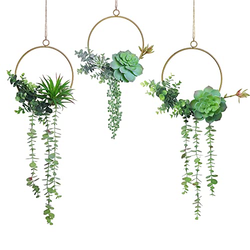 C&Z Artificial Succulents Wreath Set of 3 Hanging Gold Geometric Garland Greenery Wreath Wall Decor for Wedding Party Nursery Backdrop