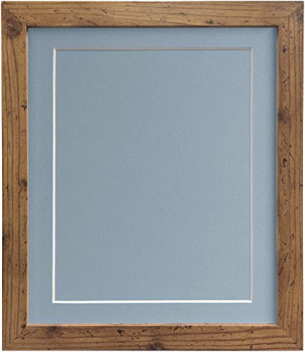 "FRAMES BY POST 25mm wide H7 Rustic Oak Picture Photo Frame with Light Blue Grey Mount and Backing Board 6""x4"" for Pic Size 4.5""x2.5"""