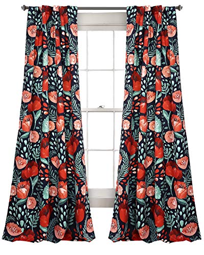 Lush Decor Poppy Garden Curtains Room Darkening Window Set for Living, Dining, Bedroom, 84 in L Panel Pair, Navy