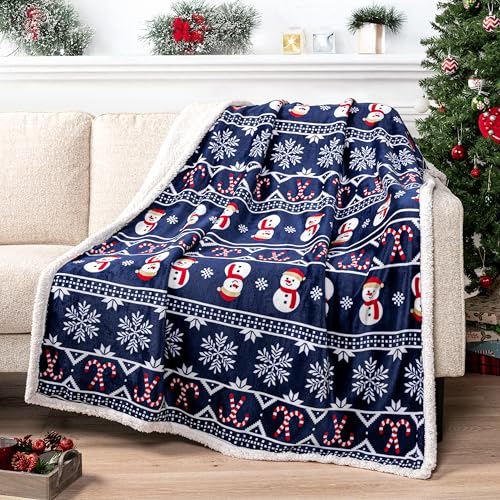 PAVILIA Premium Christmas Sherpa Throw Blanket - Christmas Decoration Gift, Fleece, Plush, Warm, Cozy Reversible Microfiber Holiday Blanket - Blue Christmas - 50x60