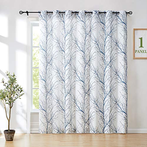 Fmfunctex Blue-White Sliding Door Curtain 84inch Branch Tree Print 100 inches Extra Wide Linen Semi Sheer White Grommet Curtain for Living Room Glass Door Patio Door 7ft 1 Panel