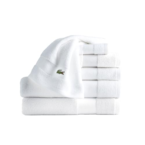Lacoste Sport Stripe 6-Piece Luxury Cotton Towel Set – Made with 100% Soft Supima Cotton, Absorbent & Quick-Drying, Includes 2 Bath Towels, 2 Hand Towels, 2 Washcloths, White