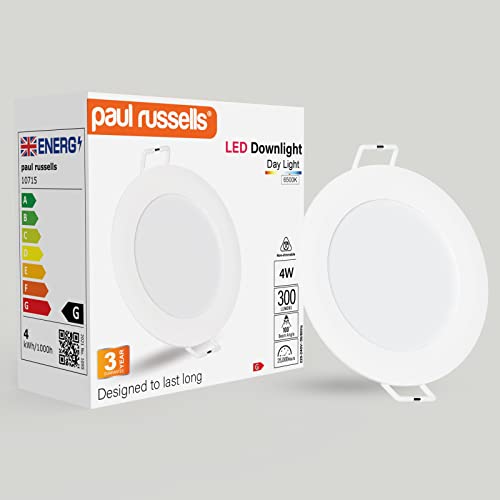 paul russells LED Ceiling Downlights, 4W Slim Recessed Bathroom Downlights, Kitchen Ceilings, 300 Lumens, 6500K Bright Daylight, Cutout 70-80mm, Round Non-Dimmable Panel Spotlights, 1 Pack