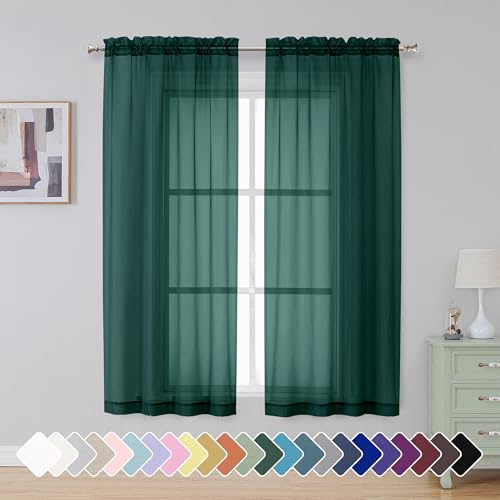 "Simplebrand Hunter Green Sheer Curtains 63 Inch Length 2 Panels, Rod Pocket Solid Color Window Sheer Curtain Panels, Elegant Curtains & Drapes for Living Room, Bedroom (Hunter Green, 42"" W x 63"" L)"