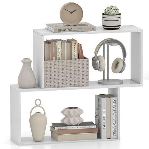 SFAREST 2-Tier Wooden Bookcase, 2-Cube Display Bookshelf with Irregular Modern Design, Freestanding Storage Rack for Living Room, Bedroom and Office(White,80 x 22 x 70cm)