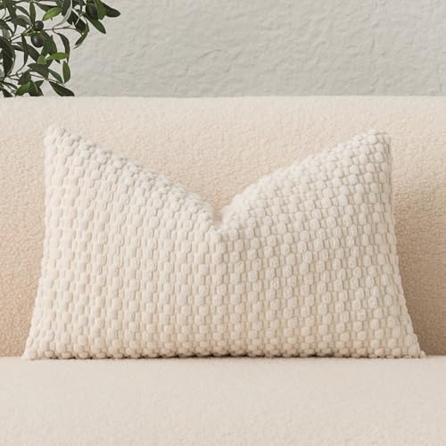 UGASA 14x24 Inch Pillow Cover Pack of 1 Soft Boho Stripe Corduroy Long Rectangle Lumbar Cushion Cover Farmhouse Decorative Throw Pilowcase for Bed, Couch, Sofa, Bedroom, Living Room, Cream