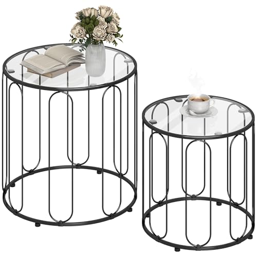 HOMCOM Round Coffee Table Set of 2 Glass Nest of Tables Black