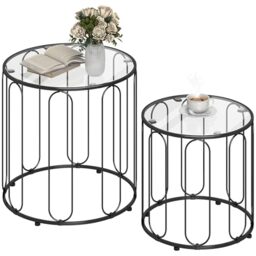 HOMCOM Round Coffee Table Set of 2 Glass Nest of Tables Black