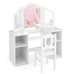GYMAX Kids Dressing Table and Chair Set, 2 in 1 Children Vanity Table with Tri-Folding Mirror and Storage Shelf, Wooden Girls Make-up Dresser for Bedroom (White, With Chair: 30 x 30 x 66 cm)