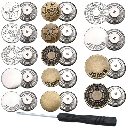 24 Sets Jeans Buttons Replacement, 17 mm and 20 mm No-Sew Removable Metal Buttons Replacement Repair Combo Thread Rivets and Screwdrivers in Storage Box, Women and Men's Jeans Clothing Supplies