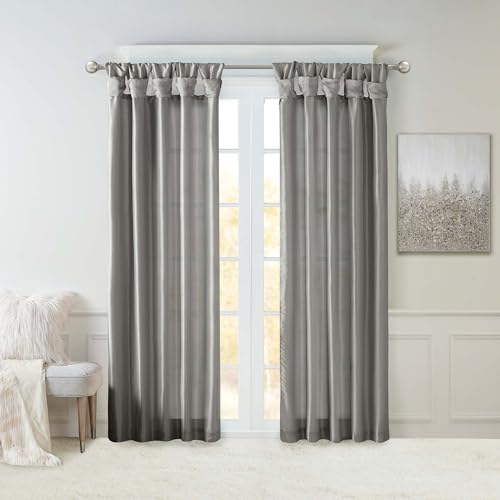 "Madison Park Emilia Faux Silk Single Curtain with Privacy Lining, DIY Twist Tab Top, Window Drape for Living Room, Bedroom and Dorm, 108"" L x 50"" W, Charcoal"