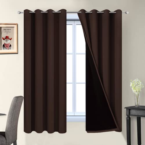 "Yakamok Chocolate Brown Blackout Curtains 63 Inches Long 52"" Wide, 2 Panels - Blackout Curtain Panels for Bedroom, 2 Thick Layers Grommet Top Thermal Insulated Drapes with Black Liner for Living Room"