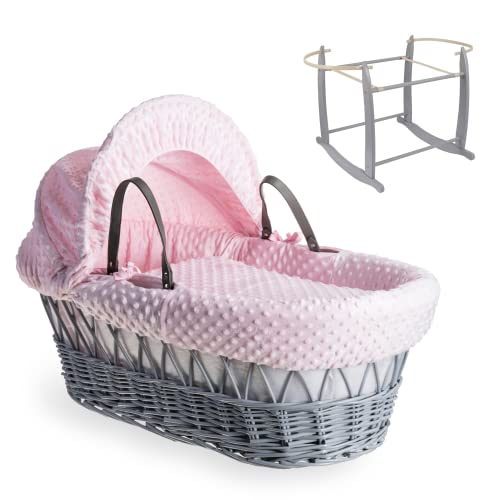 Clair de Lune Dimple Grey Wicker Moses Basket with Grey Deluxe Rocking Stand 68 x 30 cm (Pink)