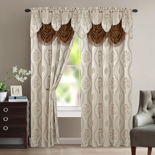 "Elegant Comfort Luxurious Beautiful Curtain Panel Set with Attached Valance and Backing 54"" X 84 inch (Set of 2), Beige"