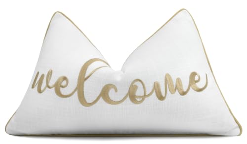 YugTex Welcome Embroidered Decorative Lumbar Accent Throw Pillow Cover - 12x20 Inches, Ivory-Bisque