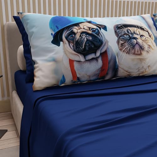 PETTI Artigiani Italiani - Animal Bed Linen with Dogs in Cotton with Pillowcases in Digital Print, Single Bed Sheet, Blue Single Bed Set, 100% Made in Italy