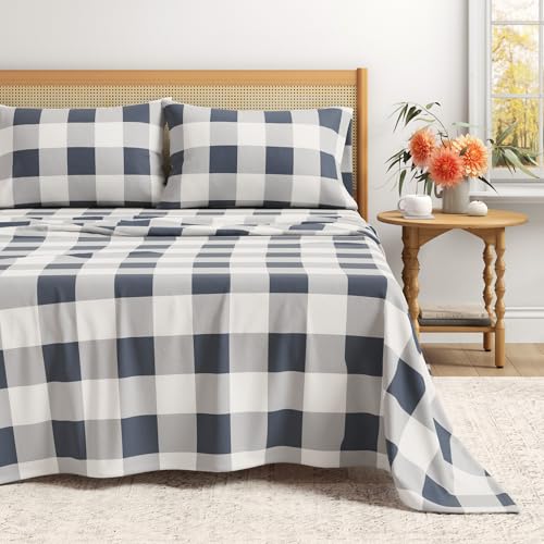 Great Bay Home Flannel Sheet Set King Size - 100% Turkish Cotton, Double-Brushed, Printed Bed Sheets - Ultra-Soft, Cozy, 4-Piece Bedding Set (Buffalo Check - Navy)