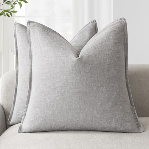 Foindtower Pack of 2, Decorative Linen Soild Throw Pillow Covers Soft Accent Cushion Case Boho Farmhouse Pillowcase for Chair Couch Sofa Bedroom Living Room Home Decor 22 x 22 Inch Light Rustic Gray
