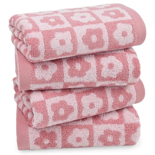 "Jacquotha Cotton Hand Towels Pink Plaid Floral Pattern Quick Dry for Women Girls Wife Mom Daughters 29"" x 13"" Pack of 4"