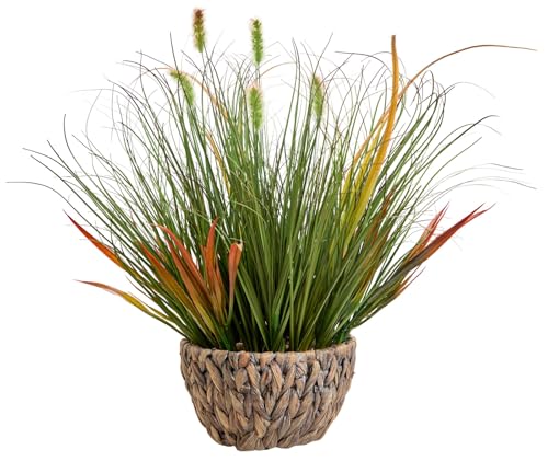 AlphaAcc 17.5 Inch Artificial Grass Plant with Pebbles Full Realistic Faux Plant Featuring Natural Curved Grass Leaves in Green and Red Brown Tones, Rustic Woven Pot Fake Plant for Home Office Decor