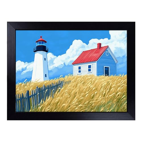Lap Tray with Bean Bag Cushion, Lighthouse - Handmade in the UK, Raised Wooden Edge, Padded Cushion, Heat-Resistant Wipe-Clean Surface, for Meals, Laptops and Crafts
