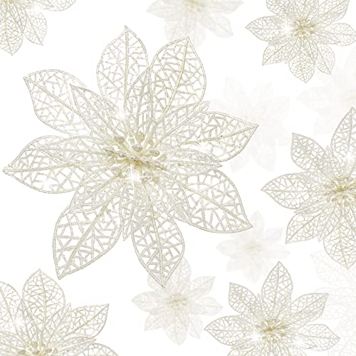 WILLBOND 36 Pieces 3 Size Christmas Glitter Poinsettia Faux Wedding Flowers Christmas Flowers Decoration Ornaments for Christmas Tree New Year Home Outdoor Decoration (White)