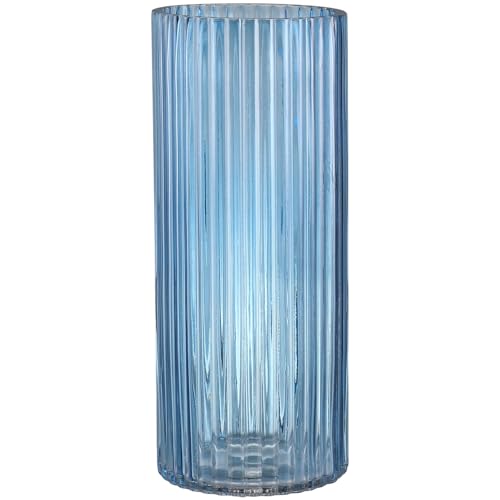 YANWE Blue Glass Vase - Tall Cylinder, Ribbed, 12 Inches for Centerpieces, Living Room, Dining Table, Office, Wedding, Bookshelf Decoration
