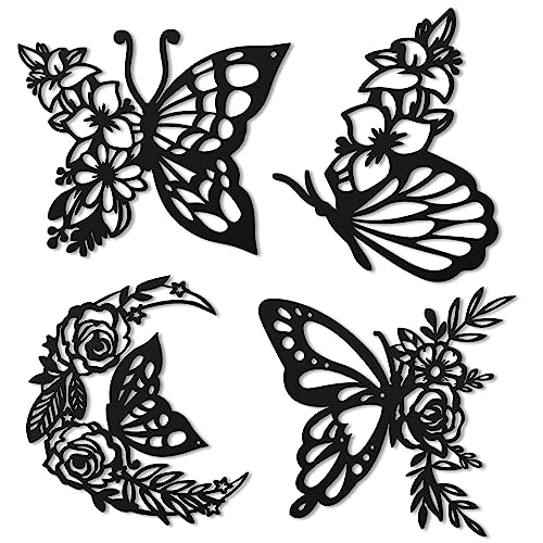 LOYIM 4pcs Butterfly Wall Decoration Black Metal Butterfly Wall Decor Metal Leaf Wall Art Moon Phases Floral Boho Wall Hanging Home Flower Appearance for Bedroom Living Room Home Indoor Bathroom