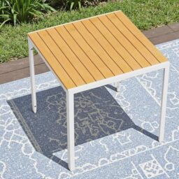Clevich Weatherproof Garden Table 75 x 75 cm, Square Aluminium with WPC Table Top, Outdoor Dining Table for Balcony and Patio, Easy to Clean and Durable, White + Teak