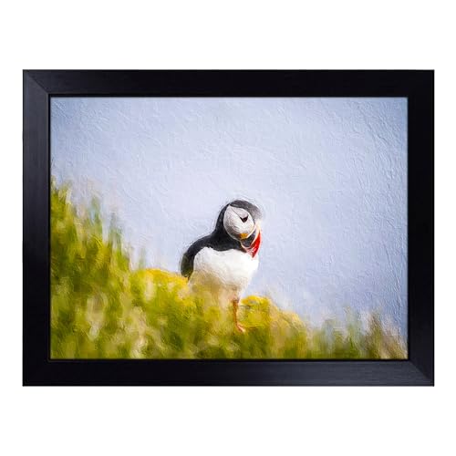 Lap Tray with Bean Bag Cushion, Lone Atlantic Puffin - Handmade in the UK, Raised Wooden Edge, Padded Cushion, Heat-Resistant Wipe-Clean Surface, for Meals, Laptops and Crafts