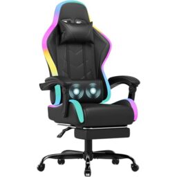 JUMMICO LED Gaming Chair with Massage Lumbar Support & Footrest, Ergonomic Reclining Gamer Chair for Adults, High Back PU Leather PC Chair with RGB Lights, Black