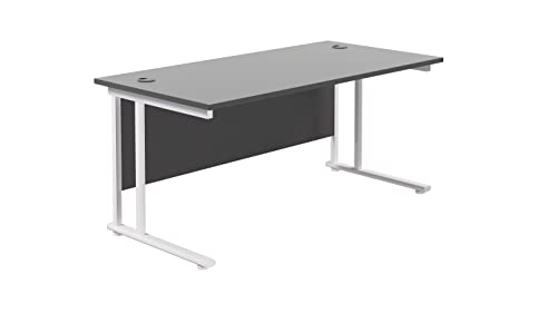 Office Hippo Heavy Duty Rectangular Cantilever Office Desk, Home Office Desk, Office Table, Integrated Cable Ports, PC Desk For Office or Home, 5 Yr Wty - White Frame/Black Top, 160cm x 80cm