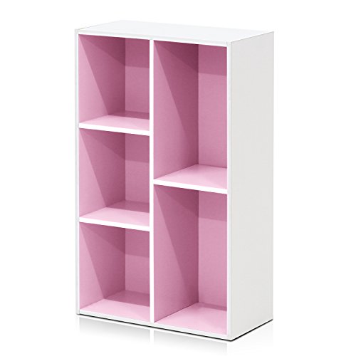 Furinno LUDER Book Shelf, 5-Cube Bookshelf, Reversible Bookcase, 9.4 x 19.5 x 31.5, for Living Room, Bedroom, Home Office, White/Pink