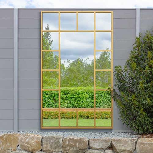 "MirrorOutlet The Genestra - Gold Modern Modern Leaner and Wall Garden Mirror 71"" X 43"" (180CM X 110CM) Silver Mirror Glass with Black Metal Frame. Landscape or Portrait. Frost Protected Glass"
