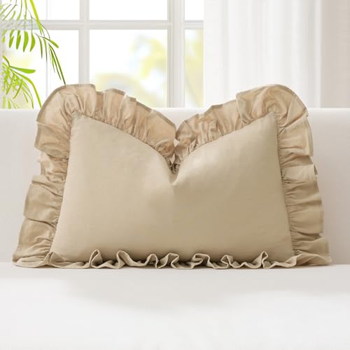 Kevin Textile 14x24 Inch Long Lumbar Pillow Cover 1 Pack 100% Cotton Lace Ruffles Scalloped Decorative Rectangle Cushion Case Soft Pillow for Bedding Couch Sofa, Beige