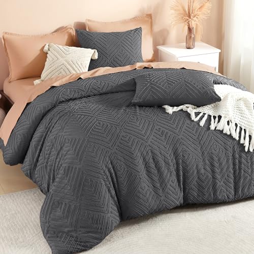 Litanika Oversized Queen Comforter Dark Grey, 3 Pieces Tufted Boho Farmhouse Bedding Comforter Set, Lightweight Fluffy All Season Comforter Set (98x98In Comforter & 2 Pillowcases)