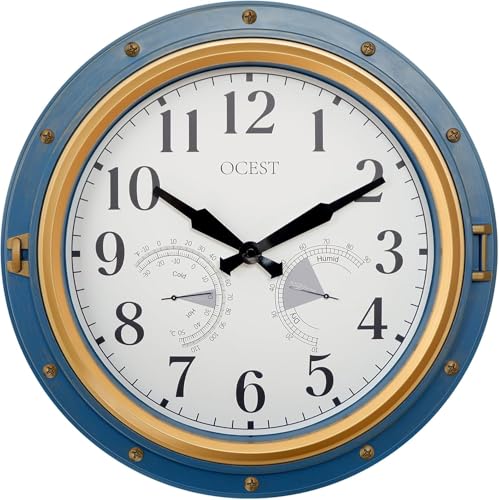 OCEST 16 Inch Outdoor Clock Waterproof Thermometer Hygrometer Retro Blue - Battery Operated, Silent Non-Ticking Movement, Large Easy-Read Dial, Patio Garden Porch Pool Home Decor