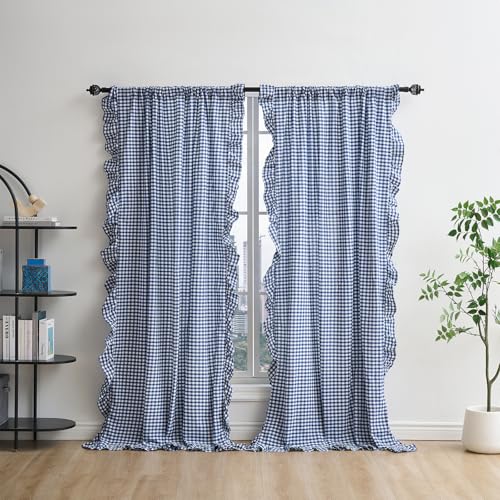 K MASANIJI Navy Blue White Plaid Gingham Ruffle Curtains 2 Panels, 100% Washed Cotton Drapes for Bedroom Living Room Doorway Shabby and Chic Window Treatment Rod Pocket, W52???xH84
