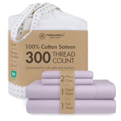 Threadmill Queen Sheets - Pure Long Staple Cotton Sateen Weave, 4 Piece 300 Thread Count Bedding Set, Solid Lilac Sheets with Elasticized Deep Pocket
