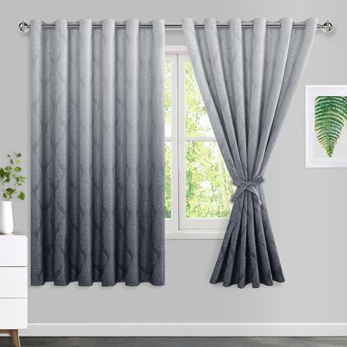 JIUZHEN Ombre Blackout Curtains for Bedroom - Damask Patterned Thermal Insulated Energy Saving Grommet Curtains for Living Room, Gradient Window Curtain Panels, Set of 2, 70 x 63 Inches Long, Grey