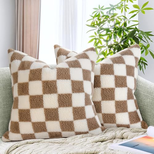 AmHoo Pack of 2 Decorative Throw Pillow Covers Checkerboard Luxury Super Soft Faux Fur Wool Set Case Cushion for Couch Sofa Bedroom 16 x 16-Inch Camel