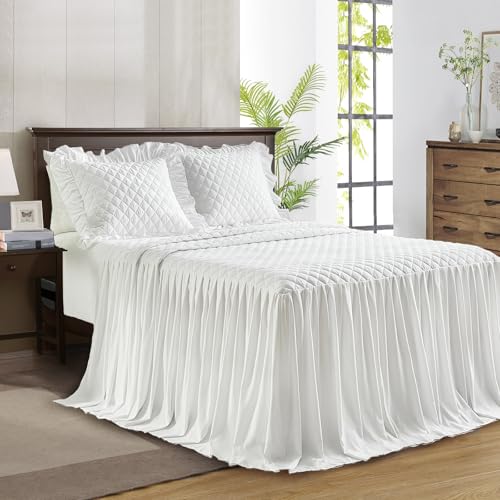 "Ruffle Skirt Bedspread Set - 30"" Long Drop - Vintage Chic Ruffled Summer Coverlet Bed Spreads Quilt Boho Bedding Farmhouse Style Lightweight Luxurious Rustic 3 Piece Set King Size White"