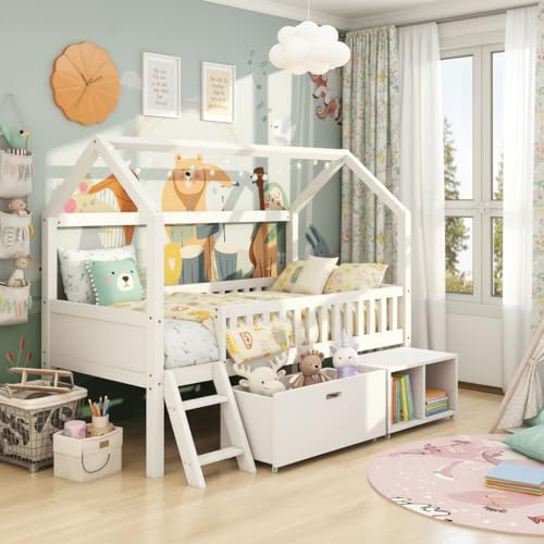 Merax Kids Single Bed with Drawer and Shelves, 3FT Kids Wooden Bed with Storage, Single Bed with Slatted Frame, Household Bed with Anti-fall Railings for Children, White, 90x190 cm (No Mattress)