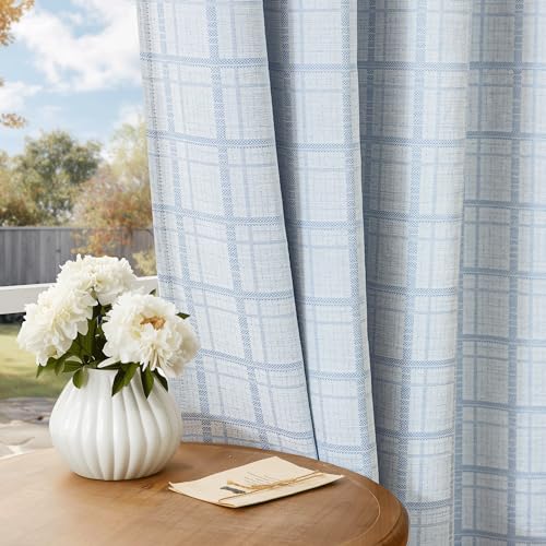 Beauoop Blue Plaid Jacquard Blackout Curtains for Bedroom 52x84 2 Panels - Gingham Checkered Room Darkening Drapes for Living Room 84 Inch Long Thermal Insulated Soundproof Window treatment Grommet