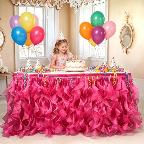 "Luxury Organza Mesh Table Skirt Draping Floating Romance - Perfect for Bridal Showers, Birthday Weddings - Clear Flowing Decoration for a Wonderful Main Cake Table (Hot Pink-6ft, 72""L??30""H)"