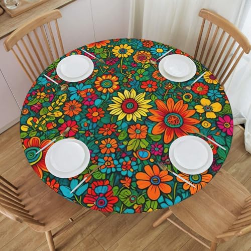 "BOXIMIAO Colorful Flower Floral Print Round Tablecloth with Elastic Edge Table Cover Waterproof Reusable Table Cloth for Holiday Kitchen Party Patio,M(45""-50"")"
