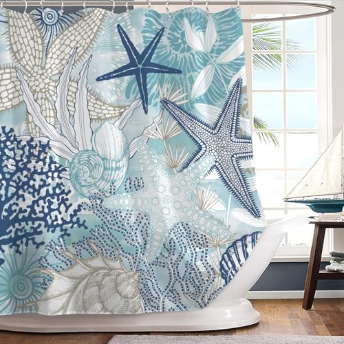AMBZEK Teal Blue Beach Starfish Shower Curtain 60Wx72L Inch Nautical Coastal Ocean Conch Seashell Coral Underwater Plant Artwork Cloth Fabric Waterproof Polyester Bathroom Decor Set with 12 Pack Hooks