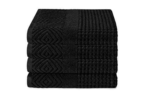 Texere 100% Organic Cotton Jacquard Towel Sets (Black (Diamond), 4 Bath Towels)