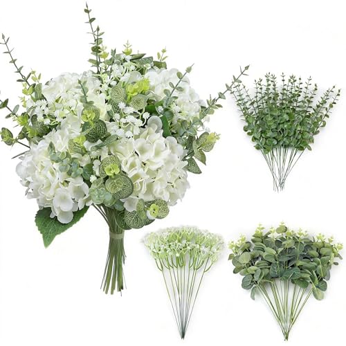 QUNWREATH 4 Kinds 55PCS Silk Hydrangea Artificial Flowers Eucalyptus Stems, Fake Flower Suitable for Vase Bedroom Kitchen Decor Home Party Table Wedding Decor DIY Floral Decoration